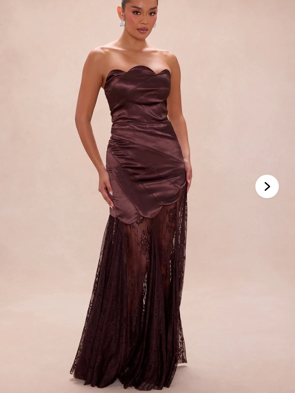 Fashion Nova Strapless Scallop Satin & Lace Gown - Brown